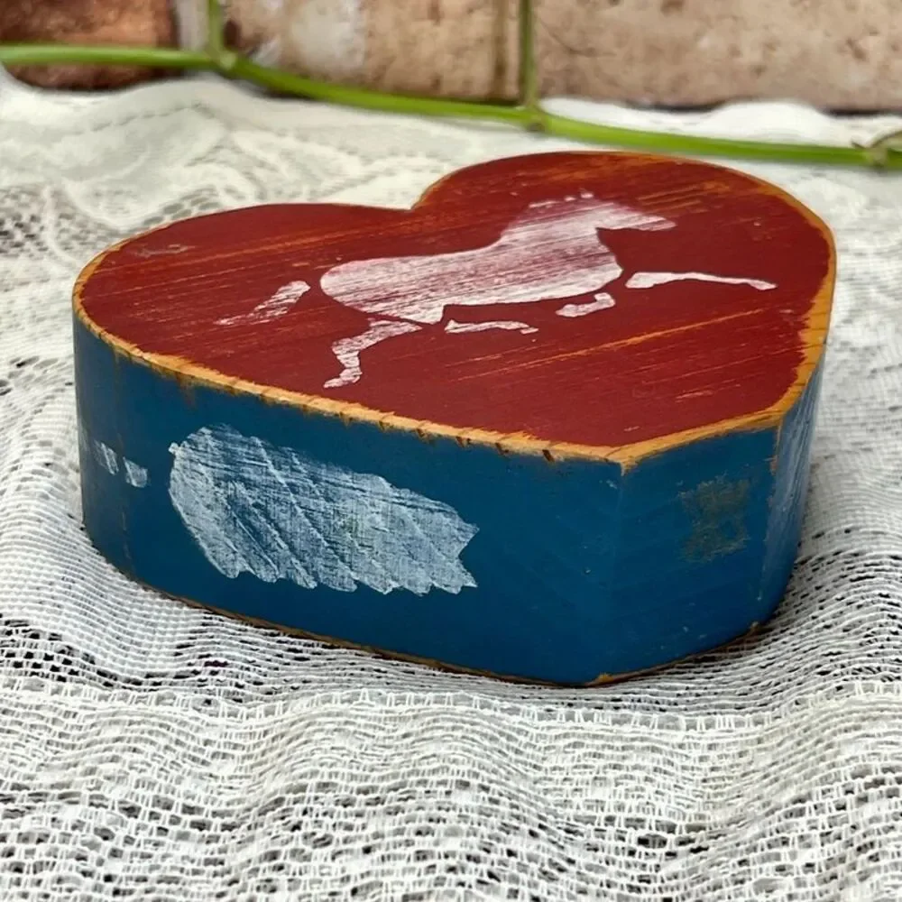 VTG Hand Painted Wood Heart Horse Small Candle Holder Cottage Farmhouse